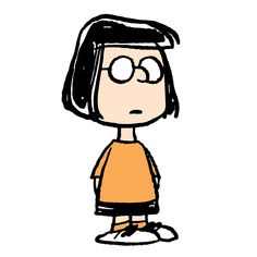 a drawing of a girl with glasses on her head and brown shirt, standing in front of a white background