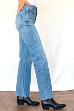 Treasure Straight - Worn Blue 2 - Emerson Fry Flare Jeans And Boots, Emerson Fry, Kick Flare Jeans, Shape Wear, Kick Flares, Minimalist Wardrobe, Denim Collection, Walking Boots, Denim Style