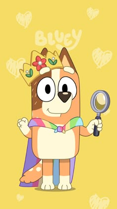 a cartoon dog holding a magnifying glass and wearing a crown on it's head