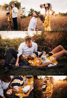 a family with two children laying on the ground together in a field at sunset time