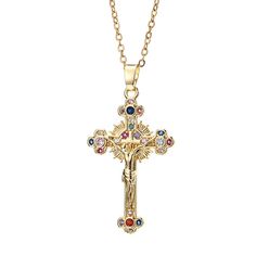 Color Retro Personality Cross Pendant Portrait Clavicle Necklaces White Crucifix Necklace For Jewelry Making, White Crucifix Spiritual Necklace, White Spiritual Crucifix Necklace, Spiritual Multicolor Cross Necklace, Multicolor Cross Pendant Jewelry For Gift, White Crucifix Necklace For Gift, White Costume Jewelry Necklace With Jewels, White Jeweled Necklace For Gift, Christian Necklace