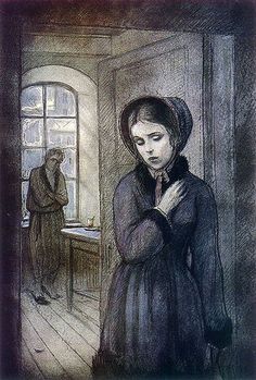 a drawing of a woman standing in front of a window with her hands on her chest