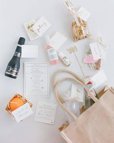 the contents of a wedding suite are displayed on an instagram page, and there is also a bottle of wine