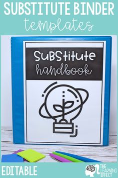 a blue binder with the words subsittue and an image of a light bulb