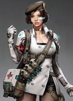 Cyberpunk Medtech Female, Cyberpunk Character Female, Combat Medic Character Design, Cyberpunk Medtech, Cyberpunk Medic, Sci Fi Doctor, Futuristic Doctor, Sci Fi Medic, Cyberpunk Doctor