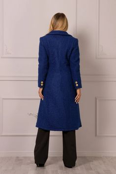 Textured Long Boucle Wool Coat Navy Blue Princess Coat - Etsy Blue Wool Coat With Lapel Collar And Pockets, Blue Wool Coat With Pockets For Work, Blue Winter Sweater Coat With Pockets, Blue Winter Outerwear With Hidden Button Closure, Blue Outerwear With Hidden Button Closure For Winter, Winter Single Breasted Peacoat With Long Sleeves, Fitted Blue Wool Coat With Notch Lapel, Blue Fitted Wool Coat With Notch Lapel, Blue Double-breasted Outerwear With Hidden Buttons