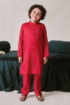 Crimson red sherwani with thread, sequin, cutdana, bead, crystal embroidery. Paired with kurta and pant. - Aza Fashions Red Sherwani, Crystal Embroidery, Festive Wedding, Beaded Neckline, Crimson Red, Silk Embroidery, Mandarin Collar, Embroidery Thread, Aza Fashion