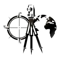 a black and white photo of a compass with the earth in the background on a white background