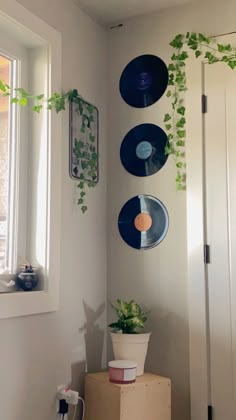 there are three records hanging on the wall next to a potted plant and a record player