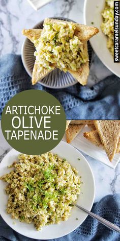 artichoke olive tapenad on a plate with toasted bread and crackers