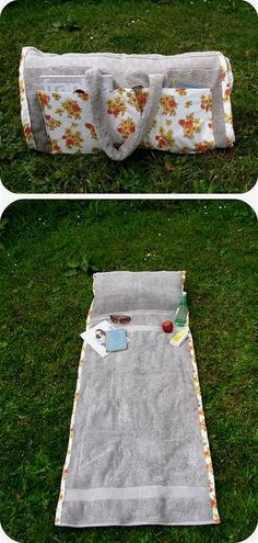 two pictures of a picnic blanket on the grass