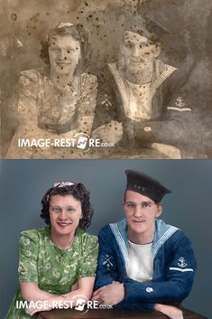 A before and after image showing a damaged photo restored an colourized Camera Photos