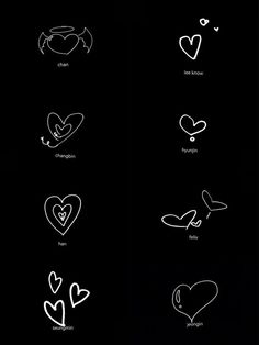 different types of hearts drawn in white ink on a black background with the words love written below them