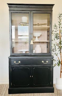 a black china cabinet with glass doors and gold hardware on the bottom, next to a potted plant