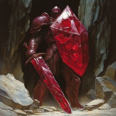 A towering armored figure stands imposingly in a rocky, desolate landscape, fully encased in heavy dark red armor with intricate detailing. The deep crimson hue and full helmet conceal its identity, enhancing its menacing presence. It wields a massive sword and shield made entirely of crystalline red stone; the sword is jagged with sharp edges, and the shield has a faceted, gemstone-like surface. With a powerful stance, feet firmly planted, the knight appears ready for battle. Jagged cliffs frame the barren scene, adding to the atmosphere of foreboding and strength. An unstoppable force, a guardian from a dark mystical realm. Red Knight Fantasy Art, The Red Knight, Force Shield, Barbarian Armor, Red Armor, Desolate Landscape, Fire Warrior, Red Knight, Great Warriors