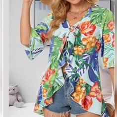 Tribear Women Floral Open Front Tie Knot Top V Neck Ruffle Loose Chiffon Top Blouse - Nwt Size: M Color: Green Floral Made Of Polyester, Light Weight, And Breathable,Comfortable To Wear In Spring, Summer, And Autumn. Casual Fit, Suitable For Weekends, Vacations, Or Every Day. Please Ask Any Questions Prior To Purchase As All Sales Are Final. Feminine Chiffon Tops For Vacation, Floral Print Chiffon Blouse For Vacation, Feminine Chiffon Blouse For Vacation, Feminine Printed Blouse For Beach, Chiffon Short Sleeve Top For Beach, Chiffon Floral Print Blouse For The Beach, Feminine Chiffon Blouse For Beach, Feminine Green Blouse For Vacation, Short Sleeve Chiffon Blouse For Beach