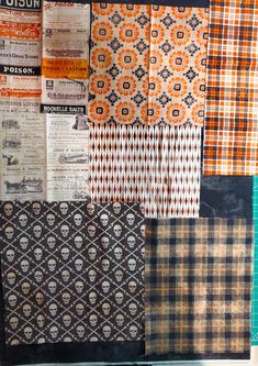 many different types of fabric are arranged in this pattern, including oranges and browns