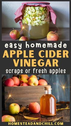 homemade apple cider vinegar recipe with apples in the background and text overlay that reads easy homemade apple cider vinegar scraps or fresh apples