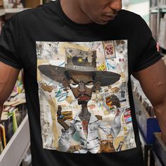 a man wearing a t - shirt with an image of a cowboy on it