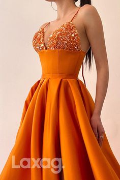 dress-21711 – Laxag Embellished Spaghetti Strap Dresses For Banquets, Elegant Orange Sequin Dress, Evening Dress With Beaded Spaghetti Straps, Gala Dresses With Beaded Spaghetti Straps, Orange Spaghetti Straps Evening Dress, Elegant Sleeveless Orange Evening Dress, Elegant Orange Sleeveless Evening Dress, Modern Prom Dresses, Orange Evening Dresses