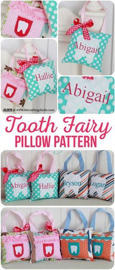 tooth fairy pillow pattern is shown in several different styles and colors, including pink, blue,