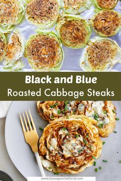 black and blue roasted cabbage steaks on a plate with a fork next to them