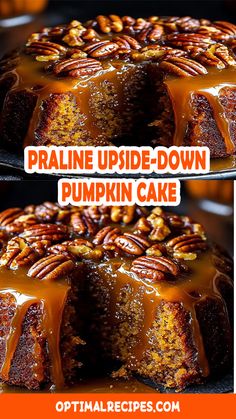 two pictures of a cake with pecans and caramel drizzle on top