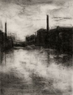 a black and white drawing of factory buildings on the side of a body of water