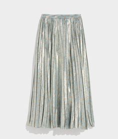 Shimmery metallic fabric adds a touch of shine (and a whole lot of style) to this season's must-have pleated midi skirt. Metallic Maxi Skirt, Metallic Lined Flared Skirt, Chic Metallic Flowy Skirt, Chic Flowy Metallic Skirt, Midi Pleated Skirt With Accordion Pleats For Party, Accordion Pleats Midi Skirt For Party, Glamorous Midi Skirt For Spring, Elegant Metallic Long Skirt, Elegant Metallic Midi Skirt