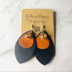 3 Layer Black And Orange Hand Made Drop Earrings Stainless Steel Earwire Faux Leather Cz. #Thanksgiving #Jewelry #Handmade #Falljewelry Thanksgiving Jewelry, Kitten Earrings, Handmade Leather Jewelry, Diy Leather Earrings, Crystal Teardrop Earrings, Turquoise Drop Earrings, Dog Earrings, Orange Earrings, Business Idea