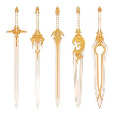 five different types of swords with gold trimmings