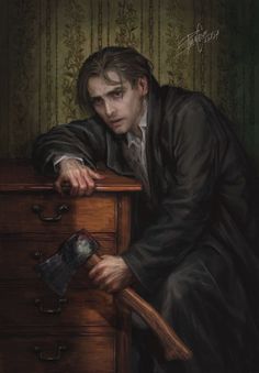 a painting of a man leaning on a dresser with his arm resting on the drawer