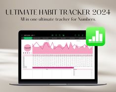 a laptop computer sitting on top of a desk with the text ultimate habit tracker 2094 all in one ultimate tracker for numbers