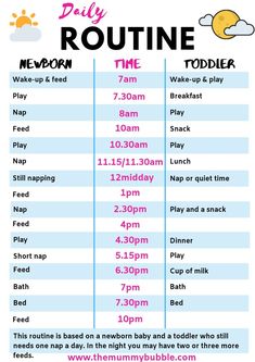 the daily routine schedule for toddlers is shown in pink and blue, with an image of