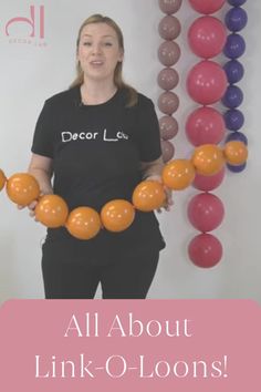 a woman standing in front of balloons with the words all about link - o - loons