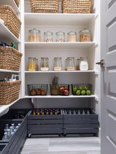 an organized pantry with baskets and food items