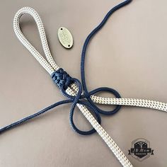 a white and blue rope tied to a metal hook on top of a gray surface