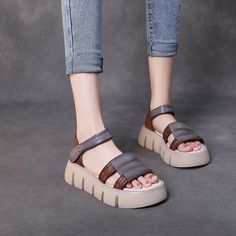 Leather Thick Sole Open Toe Roman Sandals Women Summer Casual Wedge S – Dresslittly Casual Leather Wedge Sandals With Thick Bottom, Casual Wedge Sandals With Thick Bottom And Round Toe, Casual Round Toe Platform Wedge Sandals, Casual Chunky Platform Wedge Sandals, Casual Brown Sandals With Chunky Platform, Casual Brown Chunky Platform Sandals, Brown Retro Wedge Sandals For Summer, Brown Wedge Sandals With Chunky Platform And Round Toe, Brown Chunky Platform Wedge Sandals With Round Toe