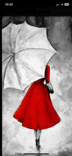 a painting of a woman in a red dress holding an umbrella