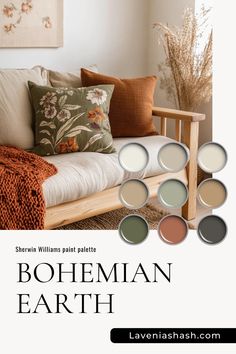 the bohemian earth color scheme is shown in shades of brown, beige and green with text that reads bohemian earth