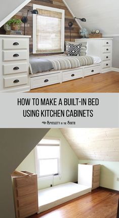 an attic bedroom with built in beds and drawers