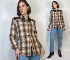 -->DESCRIPTION<-- Vintage 90s super cute classic brown plaid western top with flattering long, slim cut and the fabric has little diamond details! Tag says Lee Cooper. -->CONDITION<-- Great condition! -->SIZE<-- Marked small, can also fit a smallish medium -->FABRIC<-- Cotton Measurements taken with garment laying flat, please double sizes of bust, waist and hips to fits the body (we suggest you compare measurements to a fitting item that you already have:) Bust: 20 inches Waist: 19 inches Lengt Fitted Plaid Western Tops, Fitted Western Plaid Tops, Western Plaid Tops For Ranch, Vintage Brown Tops For Ranch, Western Style Brown Tops For Ranch, Western Top, Western Vintage, Western Tops, Lee Cooper