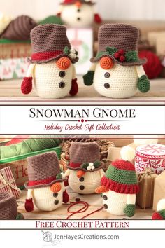 Two images with multiple Crochet Snowmen Gnomes wearing top hats or beanies surrounded by a variety of Christmas paraphernalia. Text overlay, "Snowman Gnome, Holiday Crochet Gift Collection, Free Crochet Pattern, JenHayesCreations.com." Crochet Gnome Potholder, Crochet Gnome Cup Cozy, Christmas Crochet Arigumi, Snowman Gnome Crochet, Crochet Christmas Gonk, Christmas Gifts To Crochet, Crochet Projects Winter, Crochet Christmas Toys, Ravelry Crochet Free Patterns