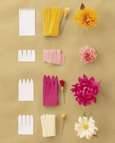 paper flowers and combs laid out on a table