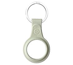 a white leather keychain hanging from a metal ring