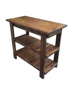 a wooden table with two shelves on each side and one shelf below the counter top