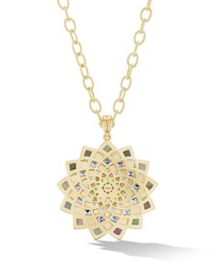 Our Temple Inlay Mandala Pendant with it's intricate pattern is inspired by sacred temples.  This piece takes you on a journey of mindfulness and inner peace.  Let this pendant bring serenity and balance to your spiritual journey. SPECIFICATIONS 18k Yellow Gold Stones: Available in 18K YG Sapphires 0.99 Ct. Tanzanite 0.86 Ct, Tsavorite 0.50 Ct Blue Topaz 0.26 Ct. Green Tourmaline 0.79 Ct Diamond 0.02 Ct and Grey MOP, Or Pink and Orange Sapphires: 2Ct Pink Tourmaline: 0.6 Ct. Diamonds: 0.02 Ct Size: 30 mm The bale is set with Diamonds and opens to allow for easy interchange with other OM jewels Available on 20 " 4mm textured oval chain. This Item is made to order. Please allow 8-10 weeks for delivery. Mandala Pendant, Orange Sapphire, Gold Work, Green Tourmaline, Spiritual Journey, Pink Tourmaline, Inner Peace, Ring Necklace, Blue Topaz