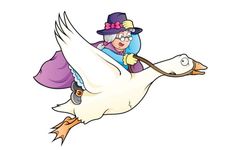 a woman riding on the back of a white goose with a hat and purple dress