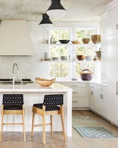 two chairs are sitting at the kitchen island