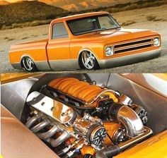 an orange truck is shown with the engine in it's hood and side by side